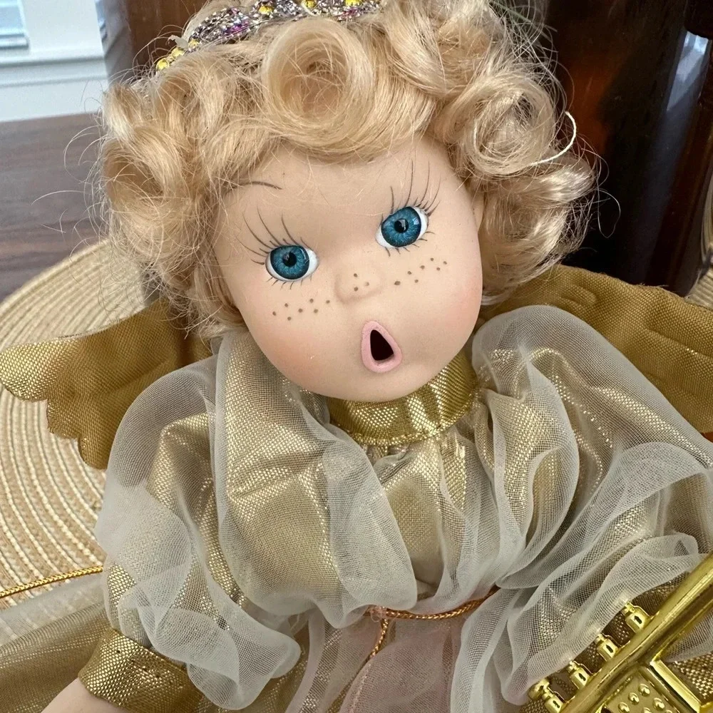 Vintage Christmas Victorian Porcelain Angel Ornament Home decor Gold Trumpet
